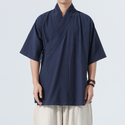 明制汉服男改良交领右衽练功服斜襟睡衣对交穿短衫日常短袖上衣夏