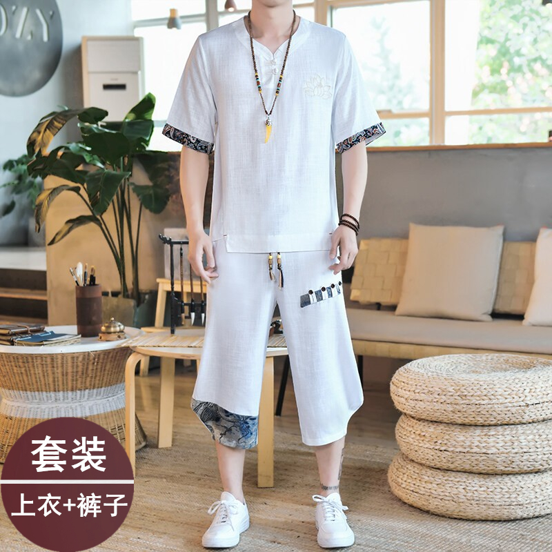男士傣族服装云南少数民族服饰西双版纳套装名族短袖t恤两件套 夏