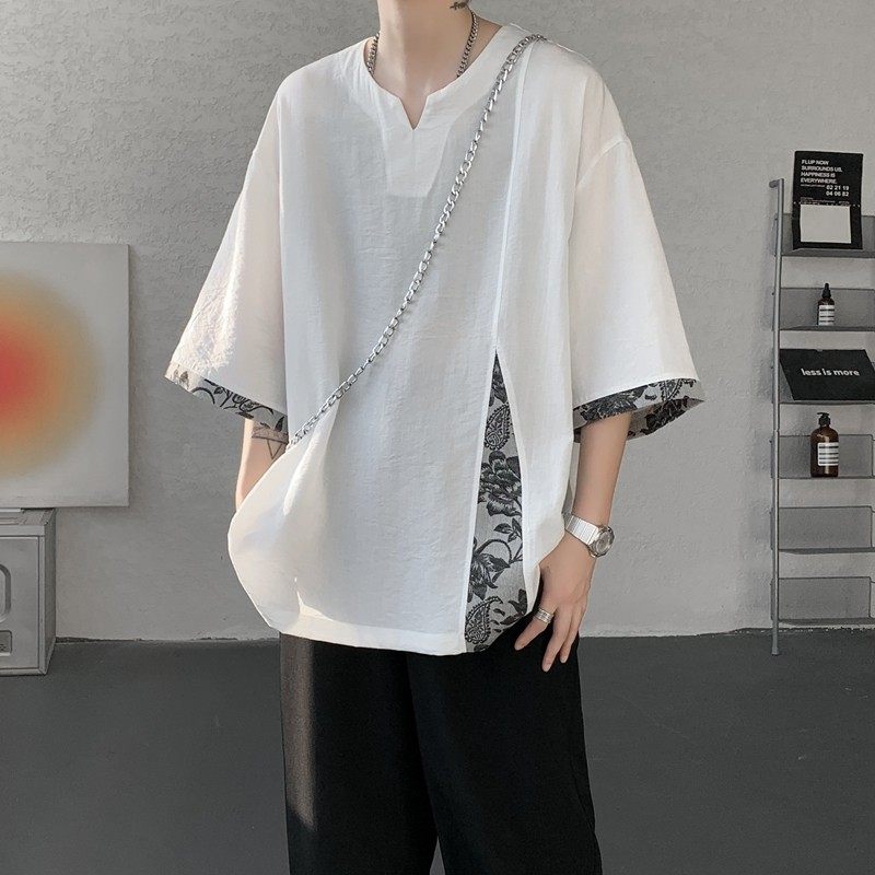 新中式亚麻t恤男特大码国潮v领短袖云南傣族民族泰国棉麻半袖体恤,男装,T恤,淘宝优惠券,粉丝福利购,淘宝优惠卷