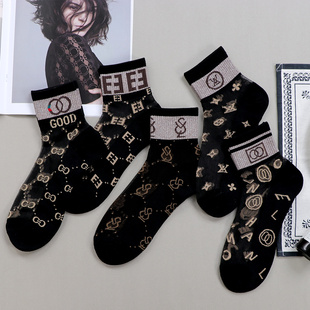 棉底水晶玻璃丝袜女短网红ins潮牌欧美字母薄款 透明金银丝中筒袜