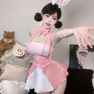 吃口甜酒：小兔叽乖乖* 甜美纯欲深v交叉开襟裙摆睡裙超短套装透