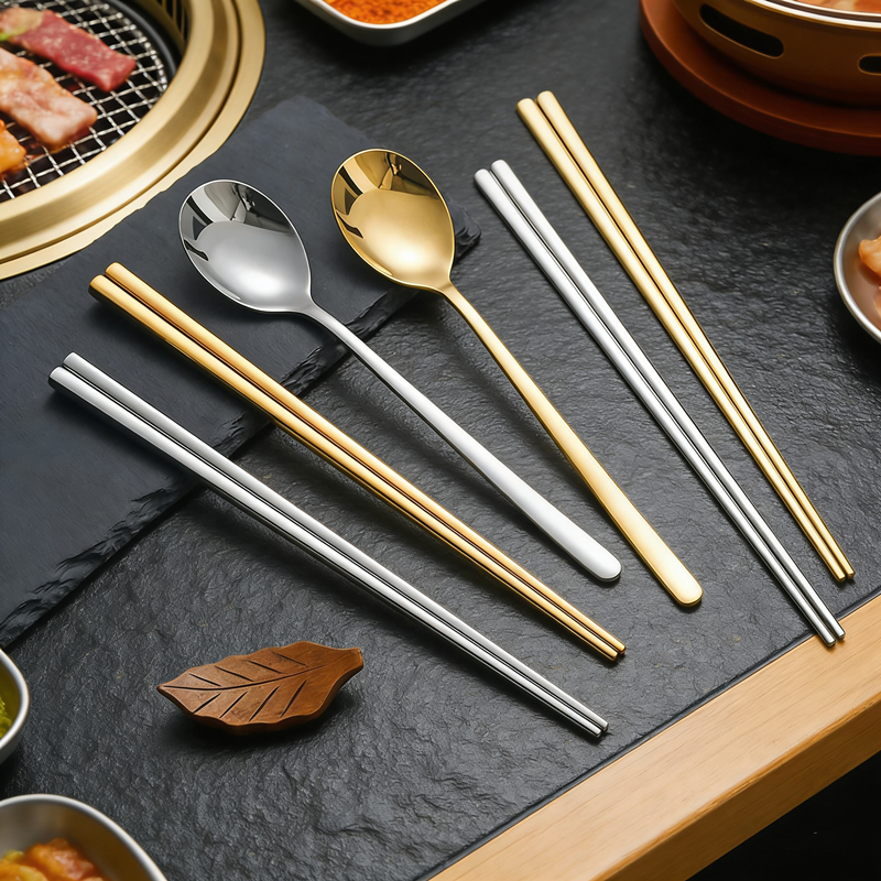 304韩式不锈钢筷子金色勺子韩国料理实心扁筷烤肉餐具家用方筷1双,餐饮具,筷子,淘宝优惠券,粉丝福利购,淘宝优惠卷