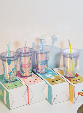 1.17日本母婴品牌极光樱花吸管杯300ml 双层隔温夏日清凉吸管杯