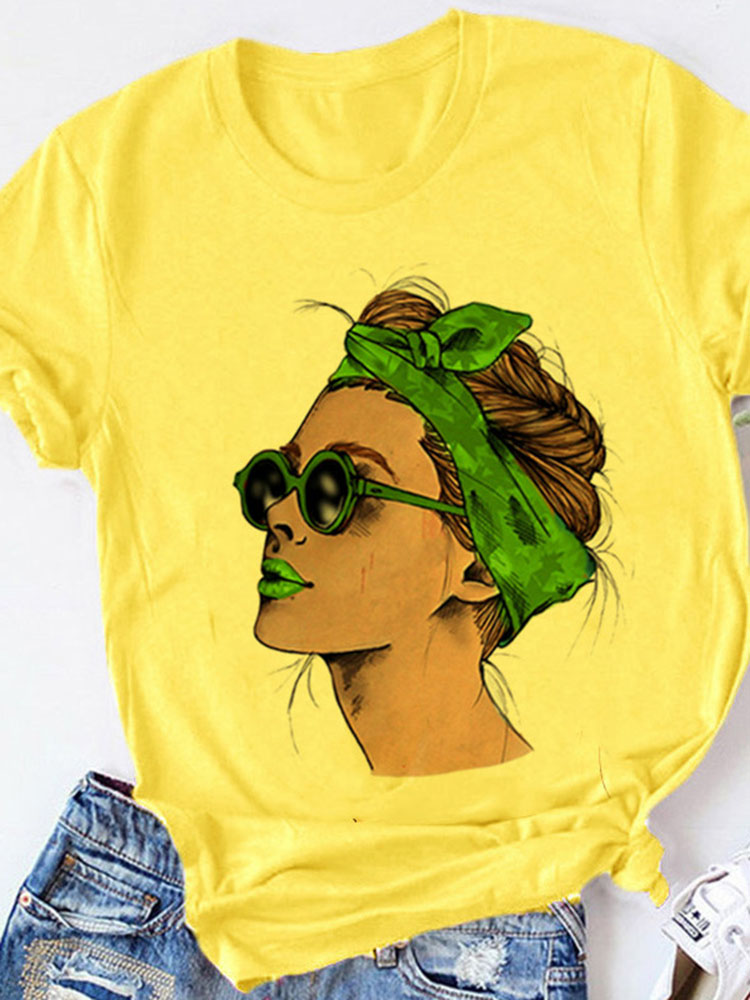 Yellow T-shirt Women Summer Print Lady Casual T Shirt Tops H
