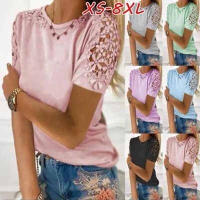 Women Fashion Pure Color Slim Lace Hollow Short Sleeve T-Shi