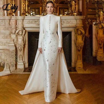 White Evening Gown Full Sleeve A-Line Prom Dress Sequin Cry