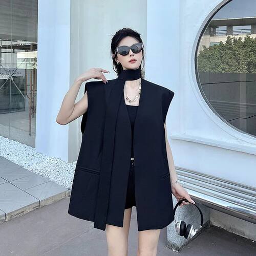 New Fashion Black Ribbon Vest Collarless Suit Jacket Women's
