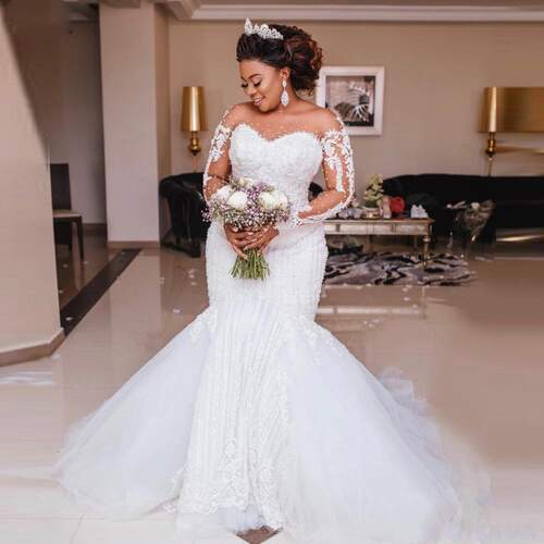 African Luxury Beading Mermaid Wedding Dress Long Sleeve App
