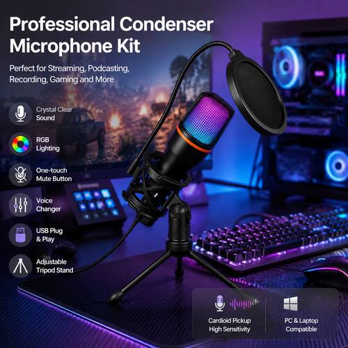 RGB Lighting USB Microphone Kit with Tripod Stand Condenser