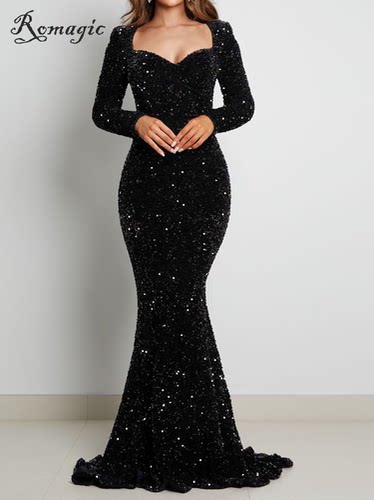 Luxury Black Long Sleeve Evening Gown Sequin Stretchy Velvet