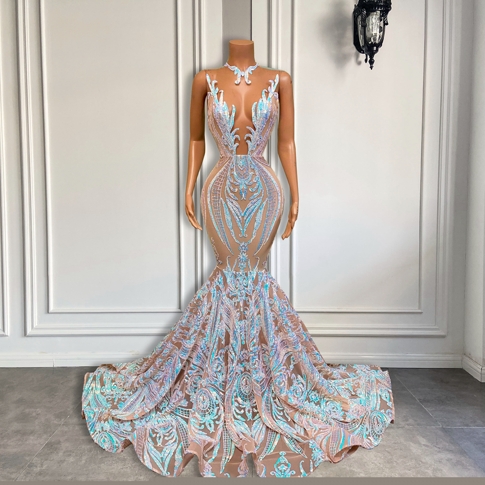 Long Sparkly Prom Dresses 2022 Sheer O-neck Sleeveless Real