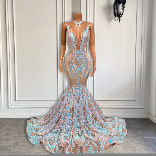 Long Sparkly Prom Dresses 2022 Sheer O-neck Sleeveless Real