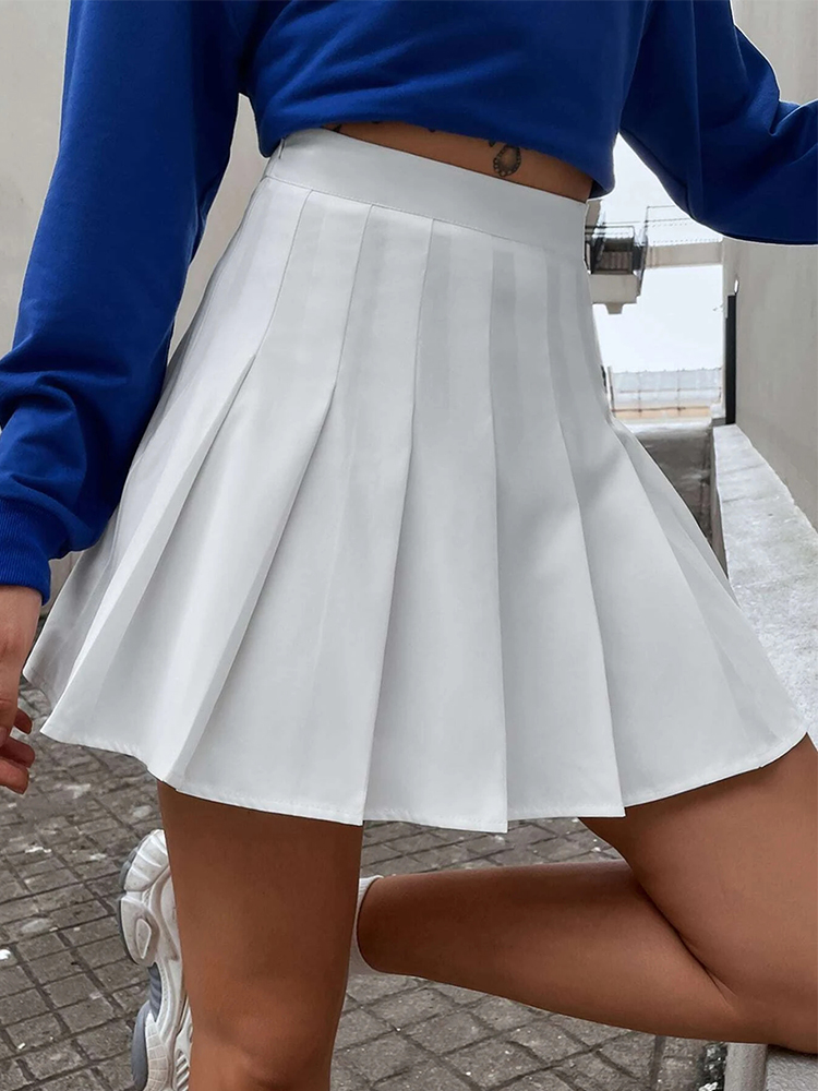 Preppy Style High Waist Solid Pleated Mini Skirt Women Summe