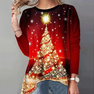 Christmas Women T-shirt Fashion Santa Claus Printed O-neck L