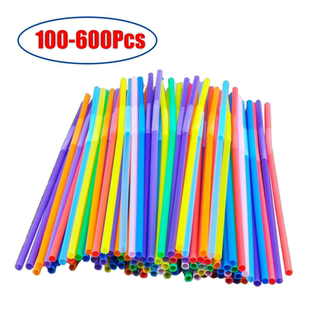 100-600Pcs Multicolor Plastic Straws Kitchen Beverage Dispos