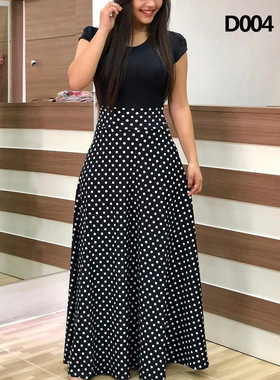 Women Polka Dot Print Patchwork Long Dress Summer Casual Sho