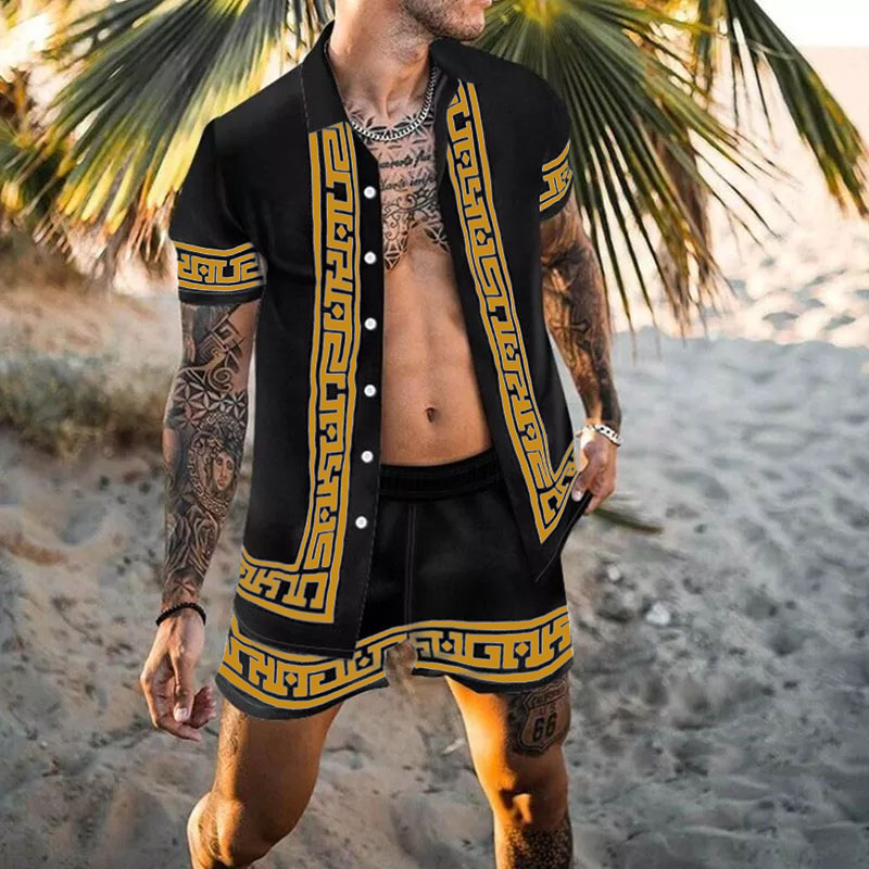 2022 Men Sets Print Patchwork Lapel Short Sleeve Casual Shir