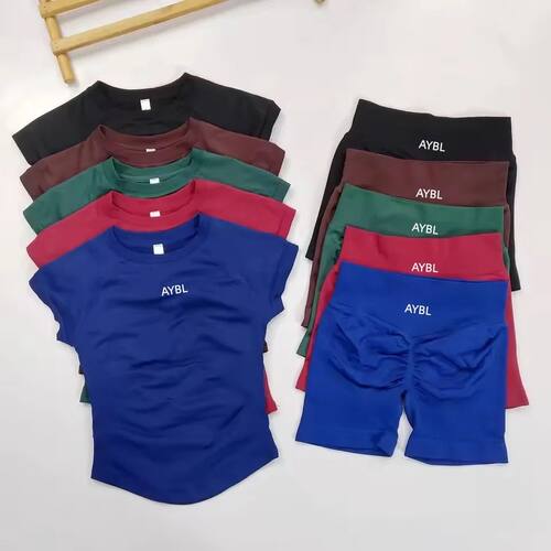 2 Pieces Sets Sports Yoga Short Leggings Sleeve Sculpt T Shi