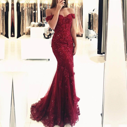 Off the Shoulder Long Mermaid Evening Dresses Lace abiti da