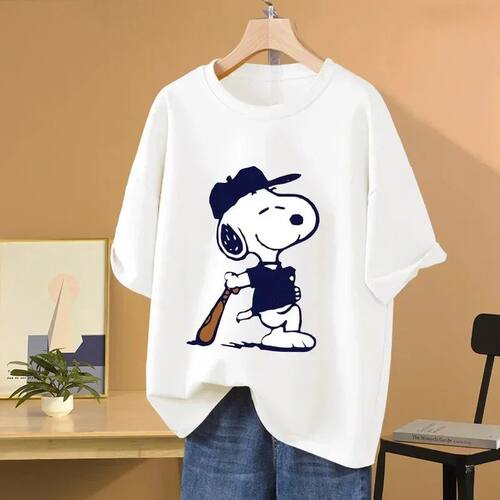 Snoopy Baseball Cartoon Anime Women T-shirt Summer Short Sle