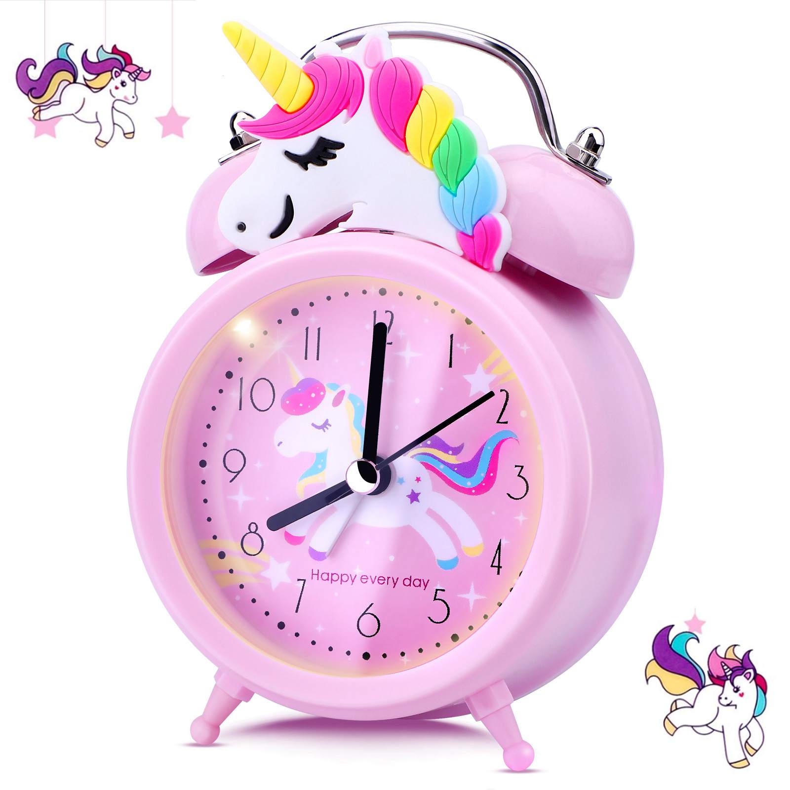 Pink Unicorn Kids Alarm Clock Double Bell Clock with Backlig