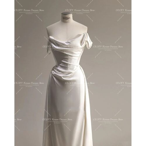OLOEY Elegant White Satin Wedding Dress A-Line Off-Shoulder