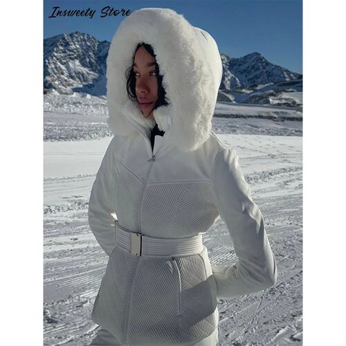 Fashion Solid Warm Ski Suit Women's Hood Fur Trim Full Sleev