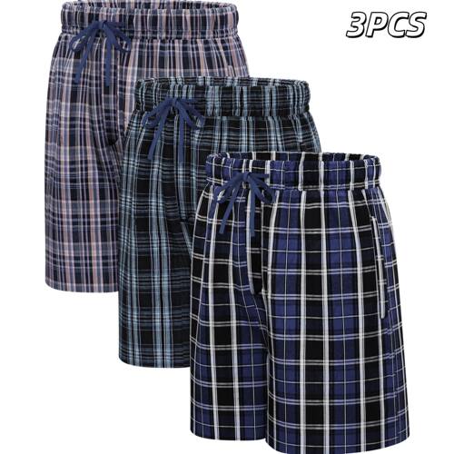 3pcs Mens Pajama Pants Classic Plaid Casual Woven Shorts Sum