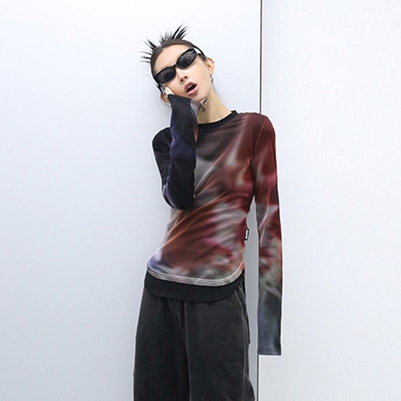 Karrcat Cyber Y2k Mesh Tops Grunge Gradient Print T-shirt Ir