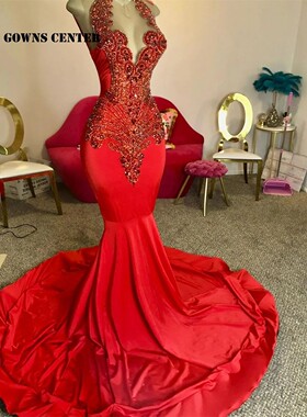 Cheery Red Crystal Beading Long Prom Dresses For Black Girls
