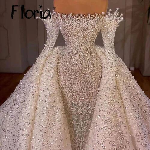 Gorgeous White Pearls Wedding Dress With Overskirt Off Shoul
