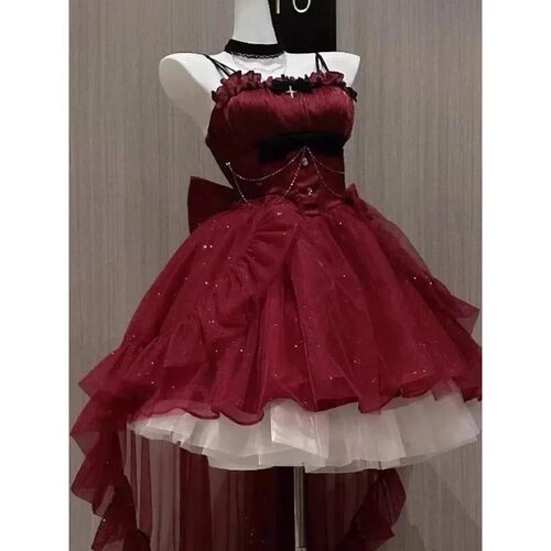 Gothic Red Lolita JSK Dress Women Spaghetti Strap Ruffle Tul