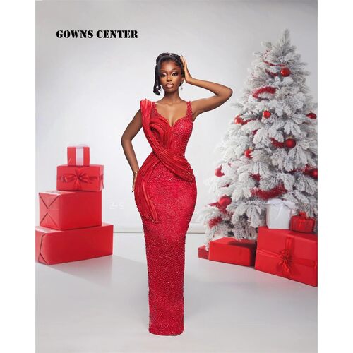 Spaghetti Red Aso Ebi Luxury Evening Dresses 2025 Beads Crys