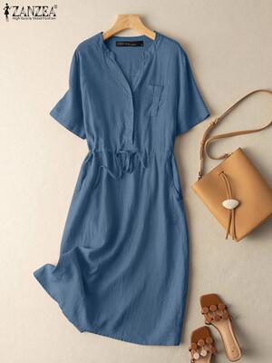 ZANZEA Summer V Neck Short Sleeve Sundress Vintage Women Cas