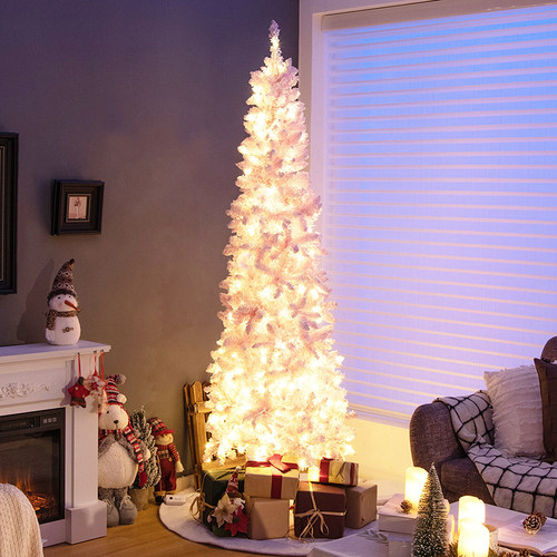 7 Feet Pre-Lit Snow Flocked Hinged Pencil Christmas Tree wit