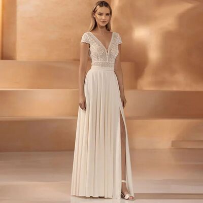 Classic Lace V-Neck Wedding Dress with Side Slit Customized