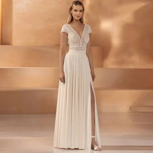 Classic Lace V-Neck Wedding Dress with Side Slit Customized