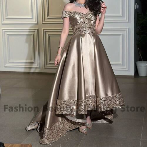 Fashion Satin Prom Dress Off The Shoulder Crystal Beading Pl