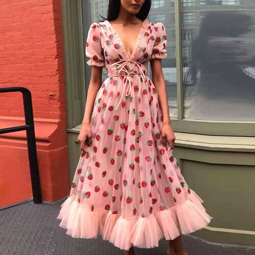 Elegant Pink Strawberry Sequins Princess Long Dresses Ruffle