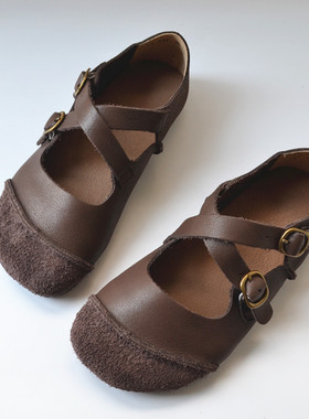 交叉扣带真皮单鞋复古文艺软底鞋森系学院风女鞋外贸原单国风丑萌