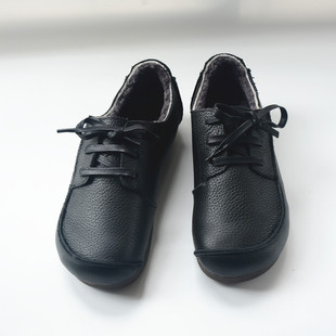 女款系带纯羊毛真皮毛毛鞋文艺爆款外贸圆头大棉鞋加绒保暖平底低