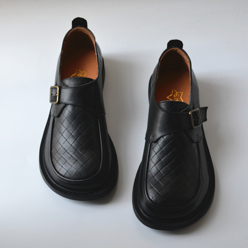 外贸低跟英伦风文艺编织真皮皮鞋