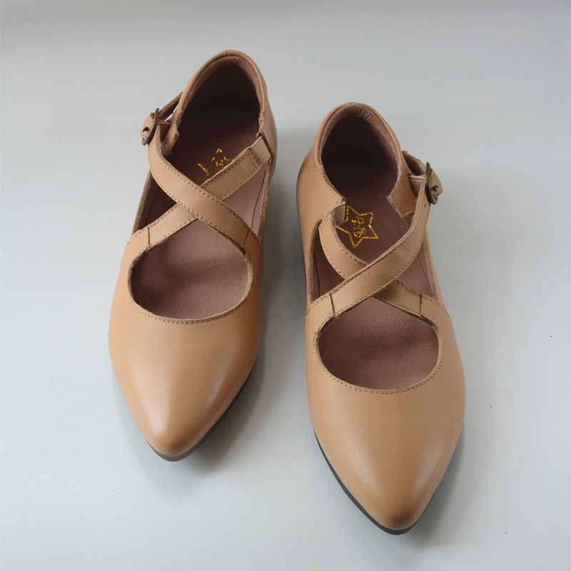 尖头交叉扣带低跟软底单鞋一脚蹬真皮红色婚鞋时尚文艺范百搭外贸