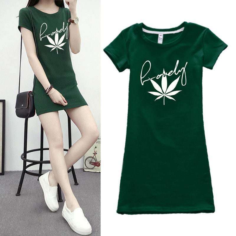 修身字母半袖韩版女装中长款短袖印花春夏季纯棉圆领墨绿色T恤裙