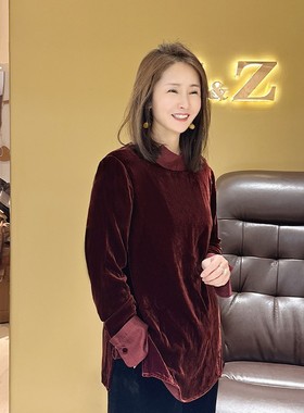 【珍珍休闲馆】真丝丝绒显瘦气质长袖轻奢时尚新中式上衣S-10868