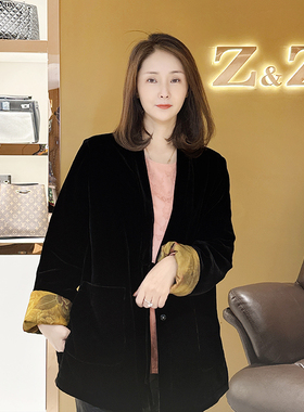 【珍珍休闲馆】蚕丝丝绒双面双穿夹棉外套百搭新中式上衣女93166