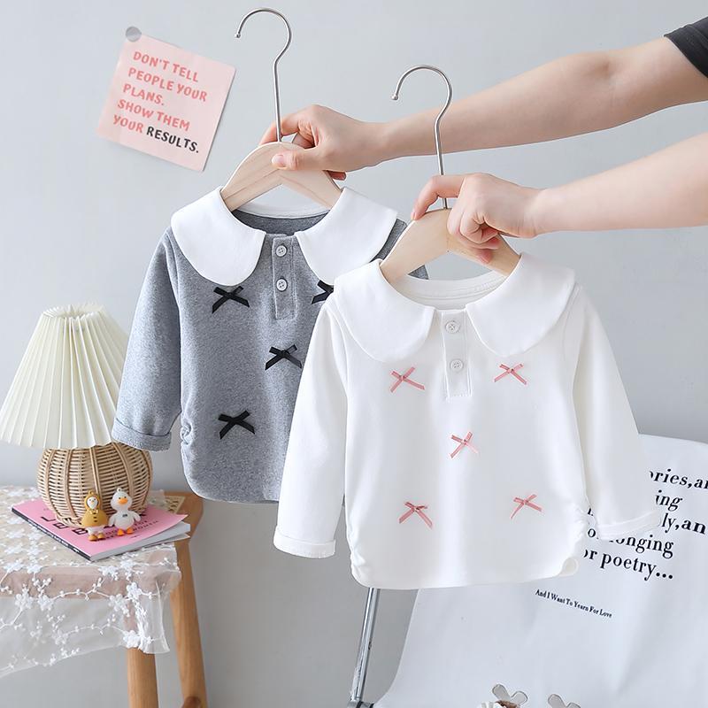 儿童撞色蝴蝶结长袖婴儿翻领T恤