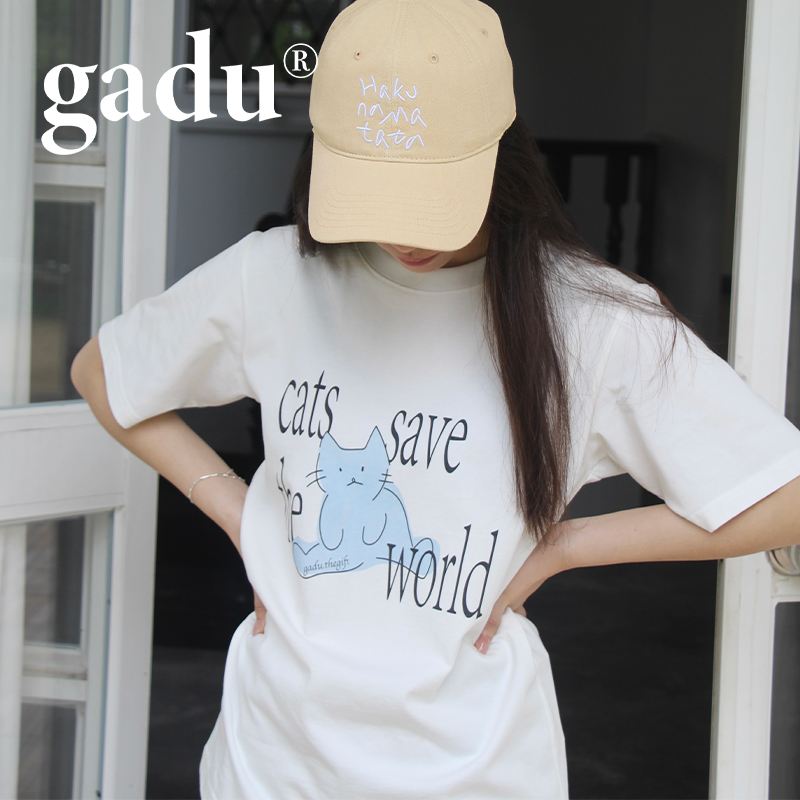 gadu 原创手绘插画小猫短袖白色纯棉灰色透气全棉t
