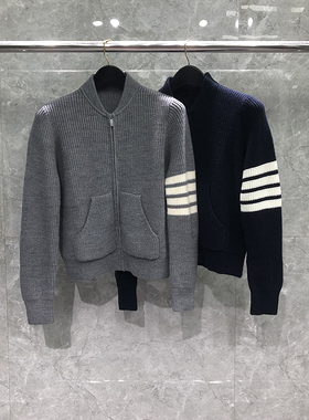 TB外套毛衣女针织开衫短款色织四条杠潮秋冬外穿拉链上衣上衣加厚