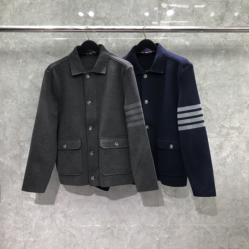 TB针织外套男款秋冬季色织四杠潮牌翻领毛线衣服开衫秋装休闲夹克